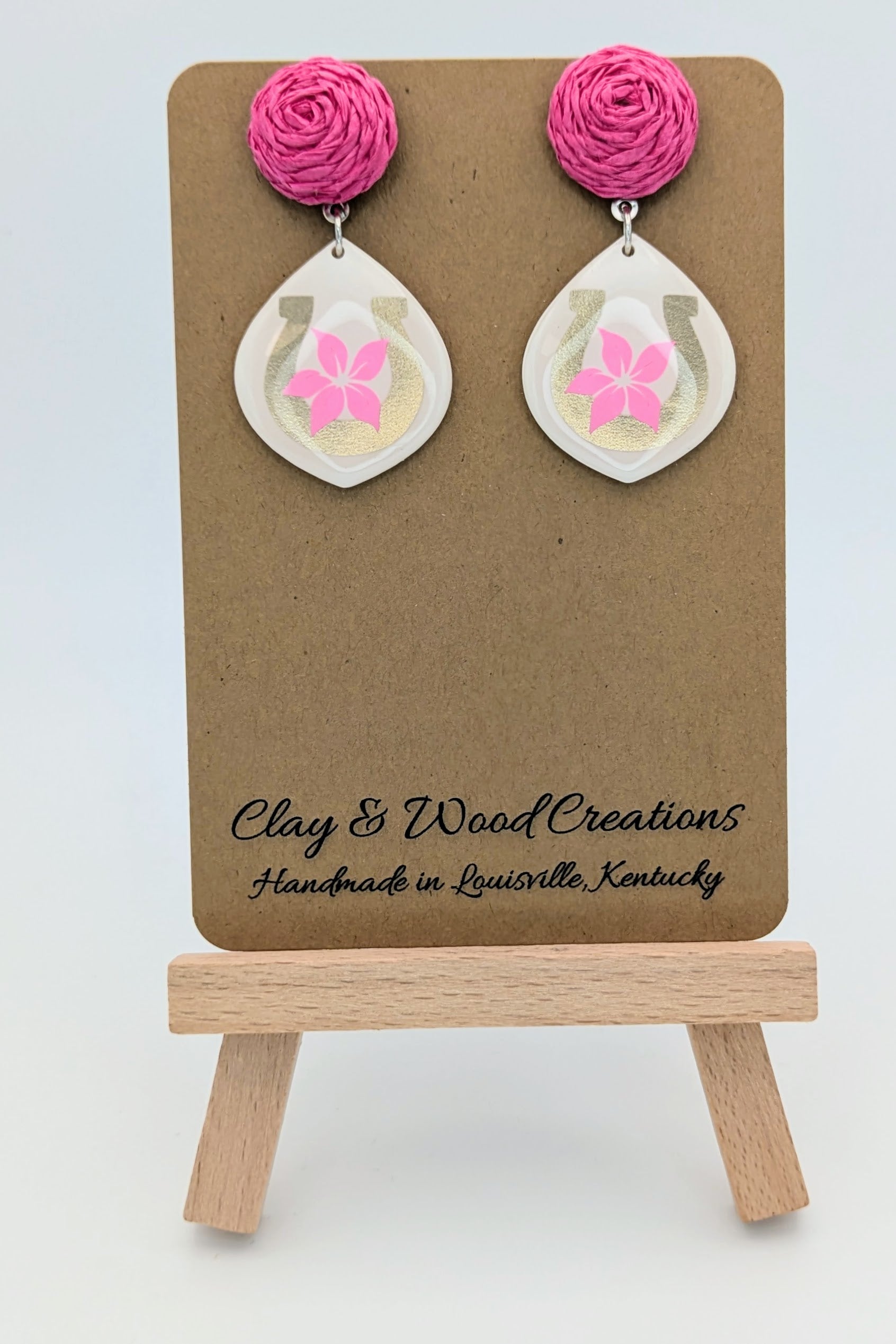 Oaks Day Flower & Horseshoe Earrings – Custom Tops | Pink Pom, Raffia, Pearl Studs or Hooks