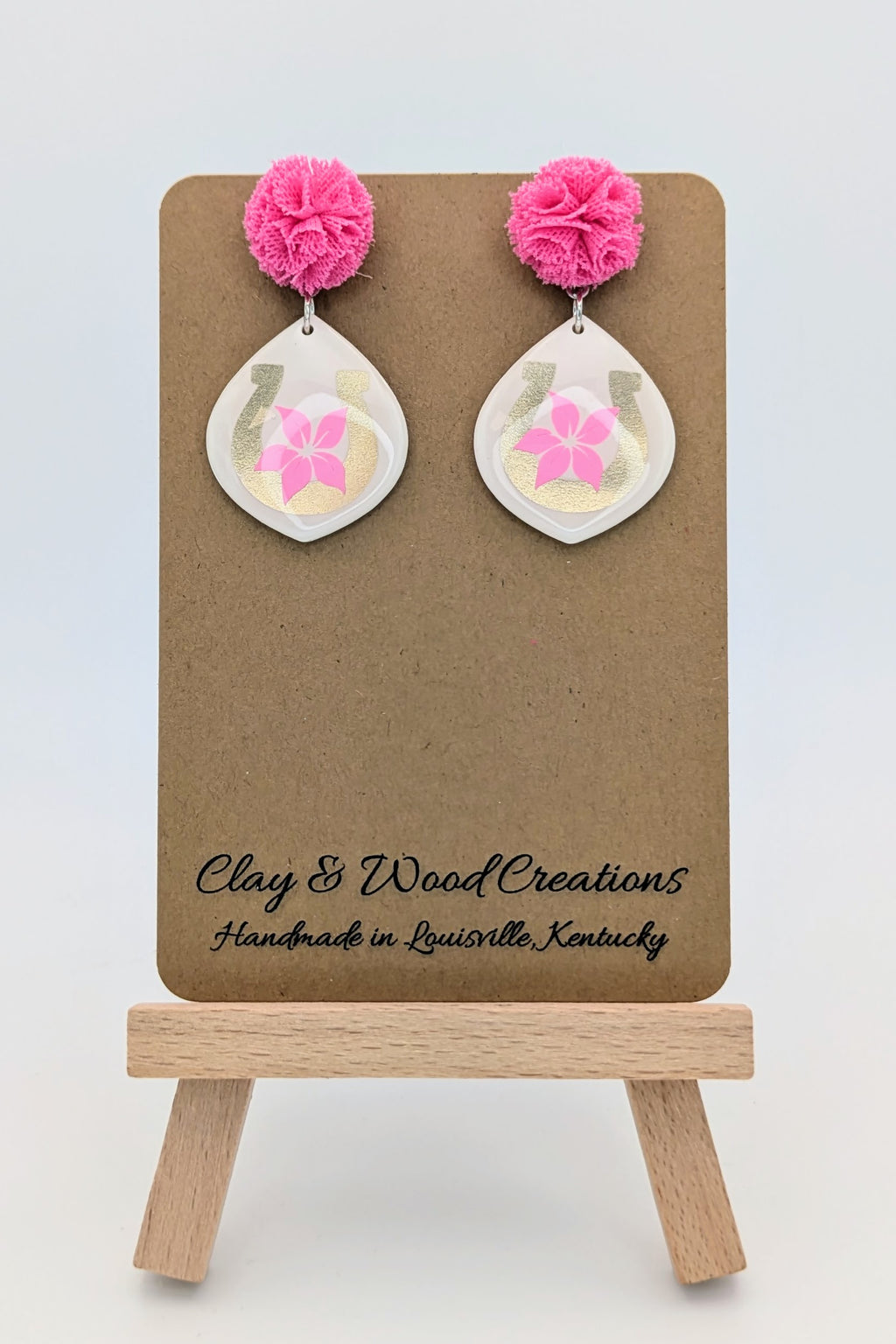 Oaks Day Flower & Horseshoe Earrings – Custom Tops | Pink Pom, Raffia, Pearl Studs or Hooks