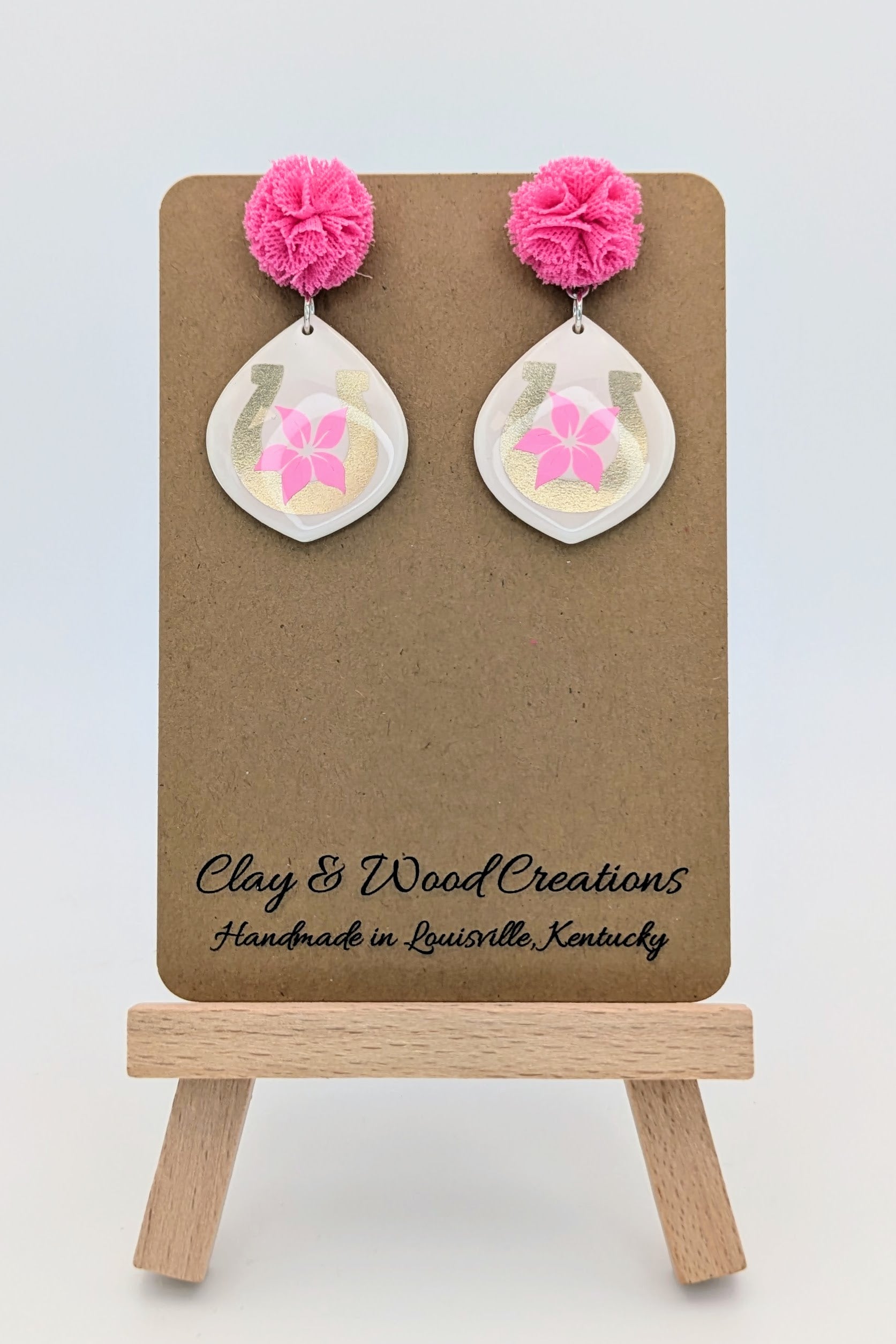 Oaks Day Flower & Horseshoe Earrings – Custom Tops | Pink Pom, Raffia, Pearl Studs or Hooks