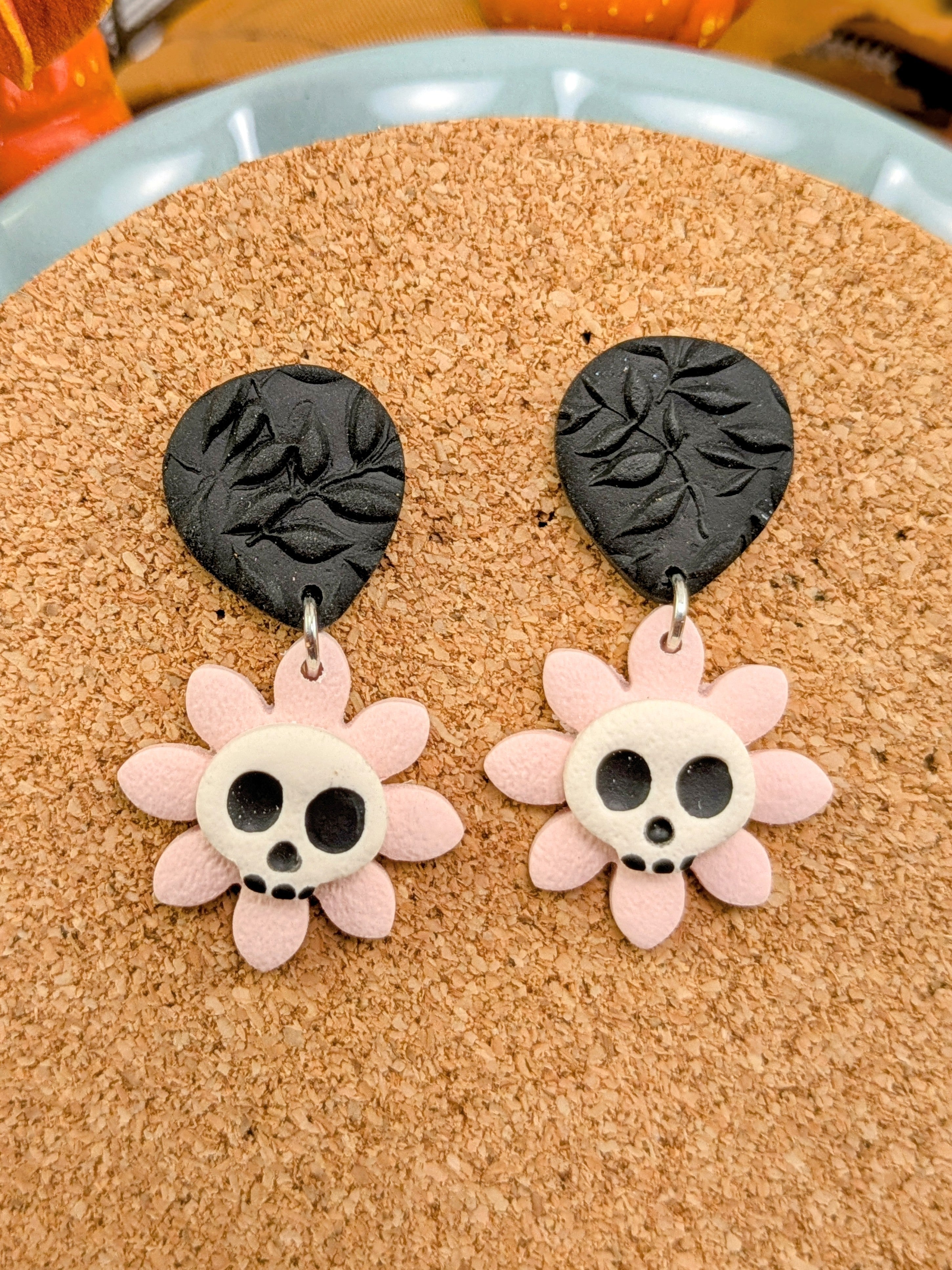 Day of the Dead Flower Skull Earrings – Handmade Halloween & Fall Clay Earrings – 3 Spooky-Cute Styles