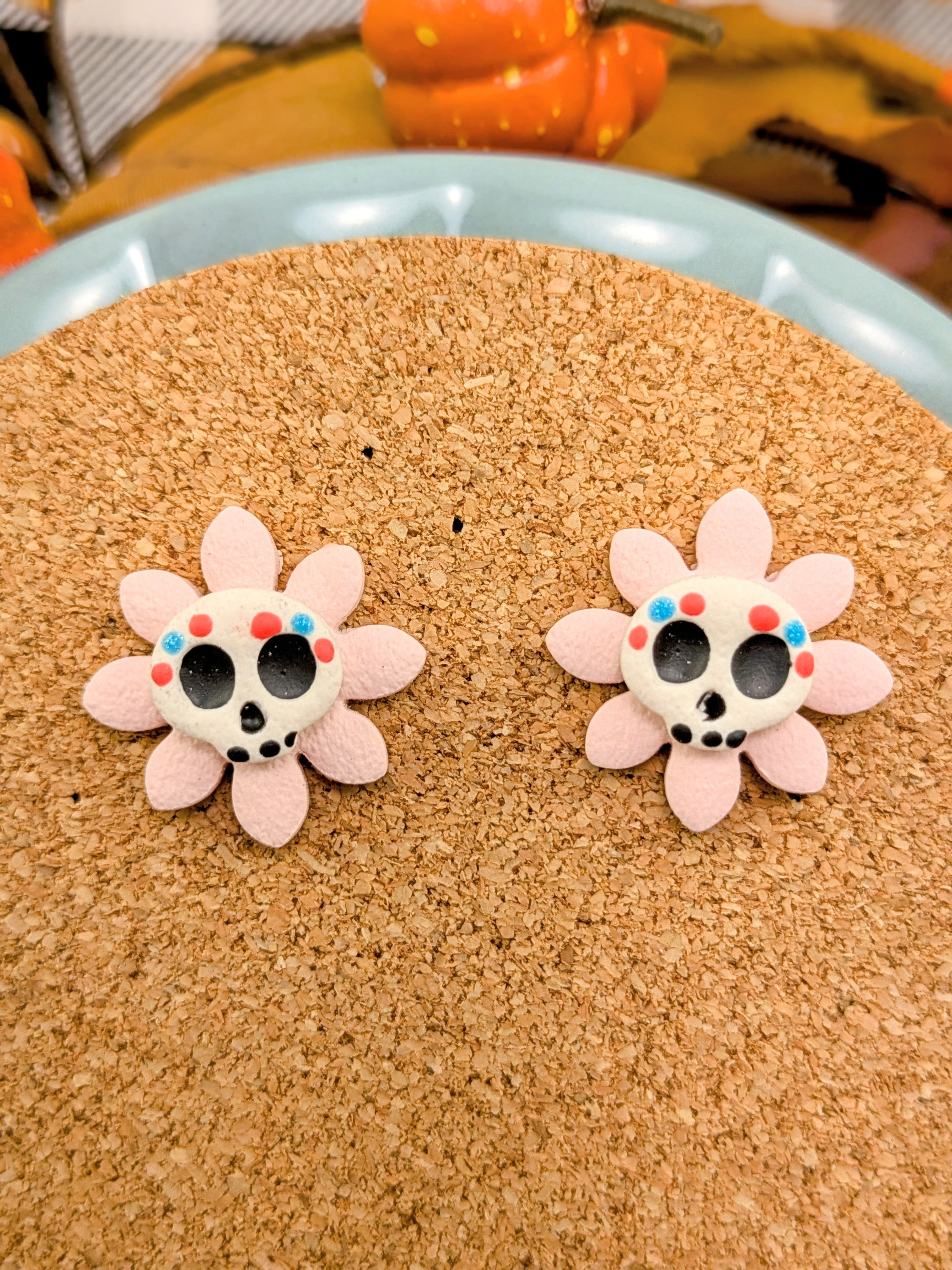 Day of the Dead Flower Skull Earrings – Handmade Halloween & Fall Clay Earrings – 3 Spooky-Cute Styles