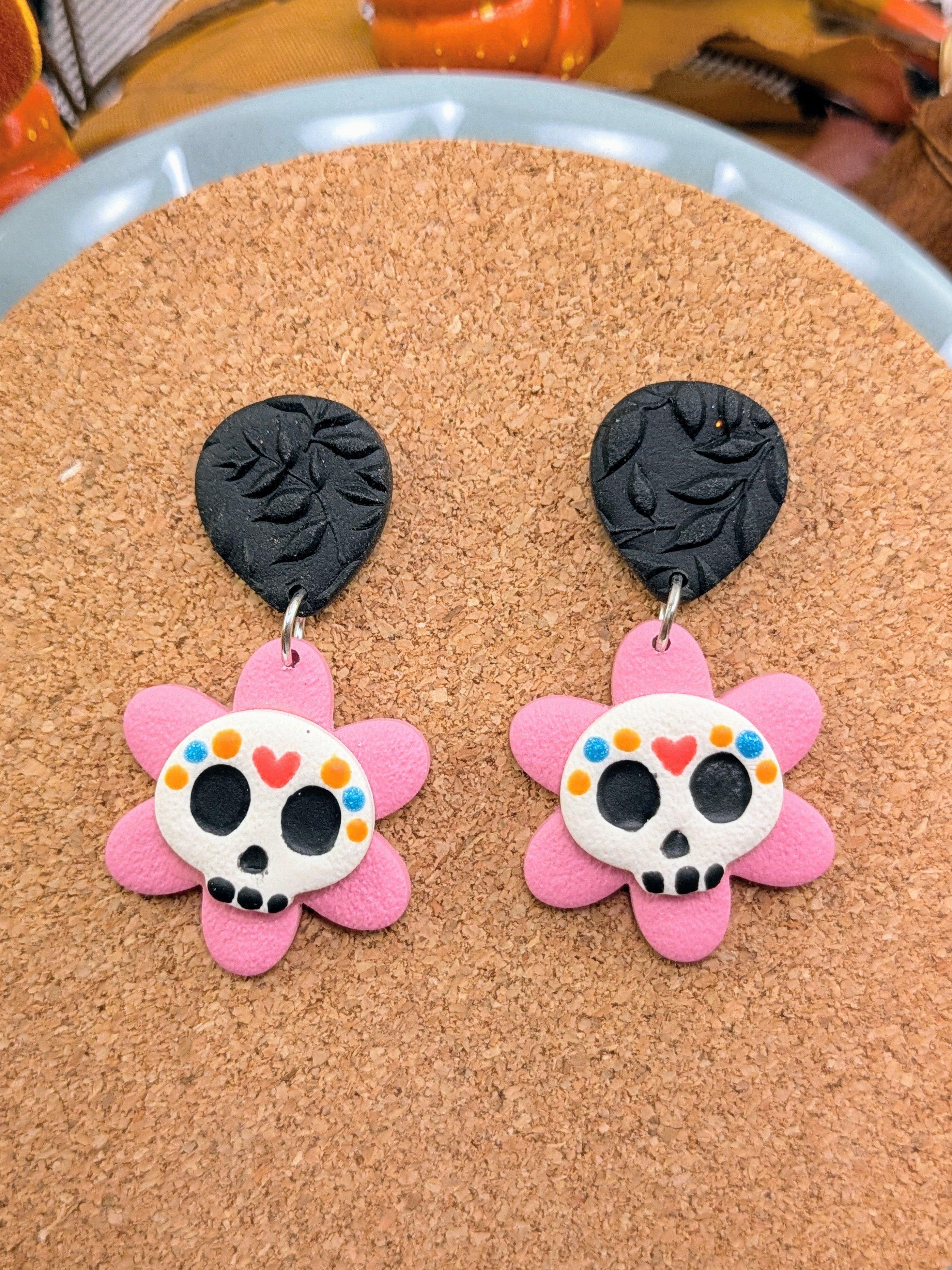 Day of the Dead Flower Skull Earrings – Handmade Halloween & Fall Clay Earrings – 3 Spooky-Cute Styles
