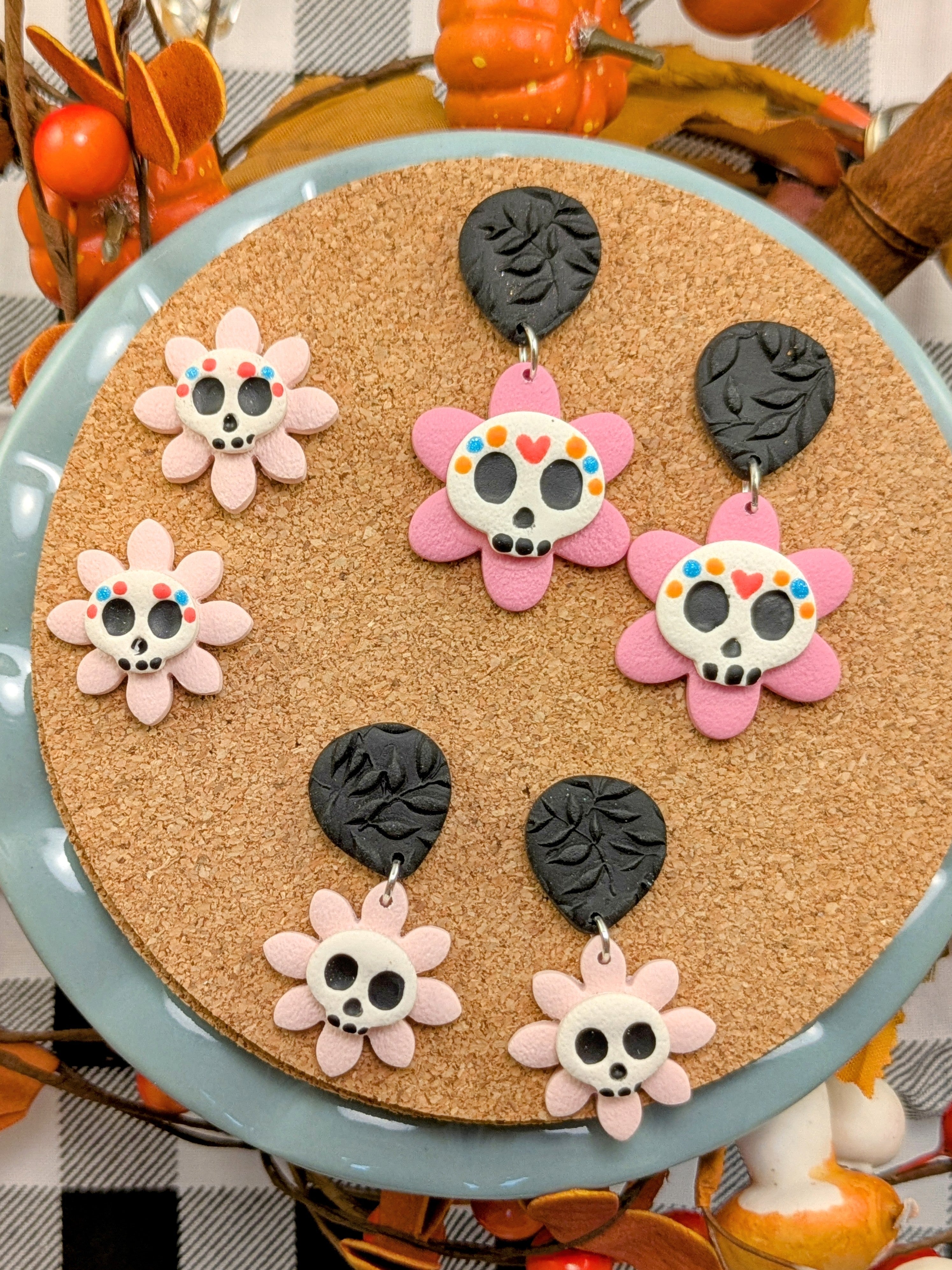 Day of the Dead Flower Skull Earrings – Handmade Halloween & Fall Clay Earrings – 3 Spooky-Cute Styles