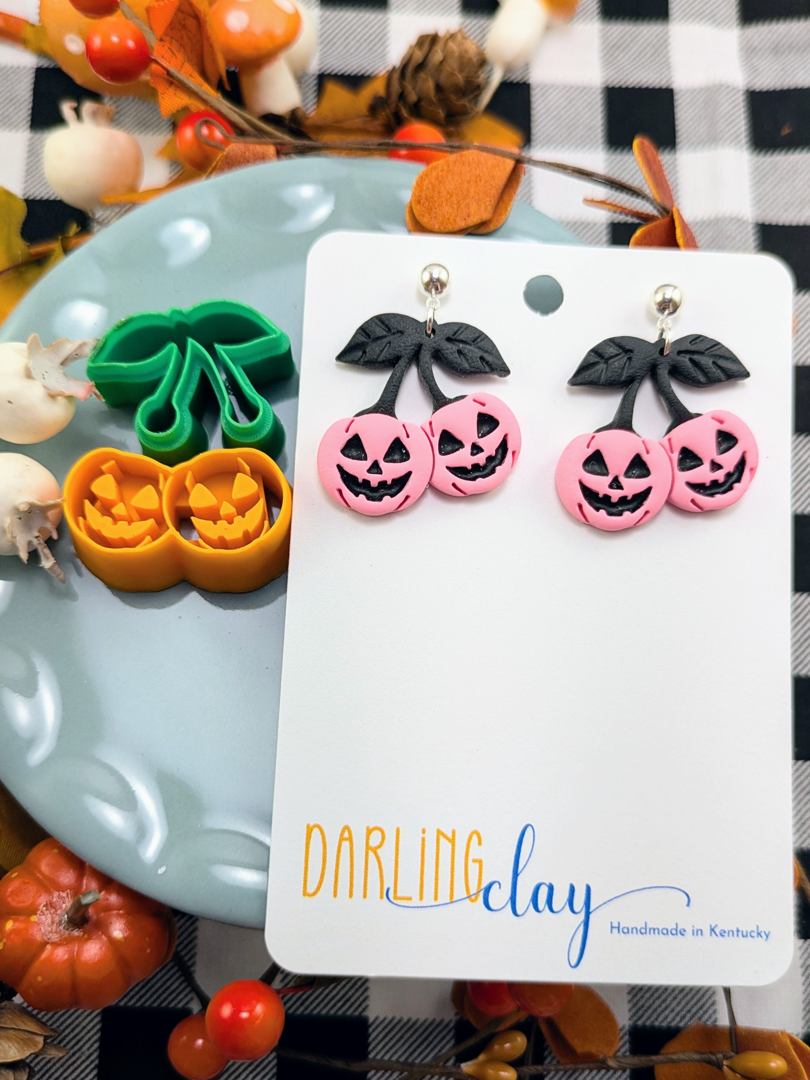 Pumpkin Cherries - Jack O Lantern Pumpkin Earrings or Clay Cutter STL Spooky Cute Halloween Jewelry or DIY Maker Tool Gift for Teachers Teens Moms Fall Party