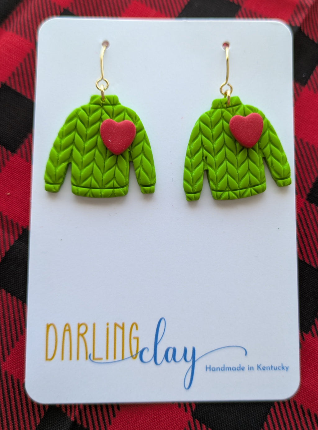 Grinch Themed Green Heart Sweater Earrings
