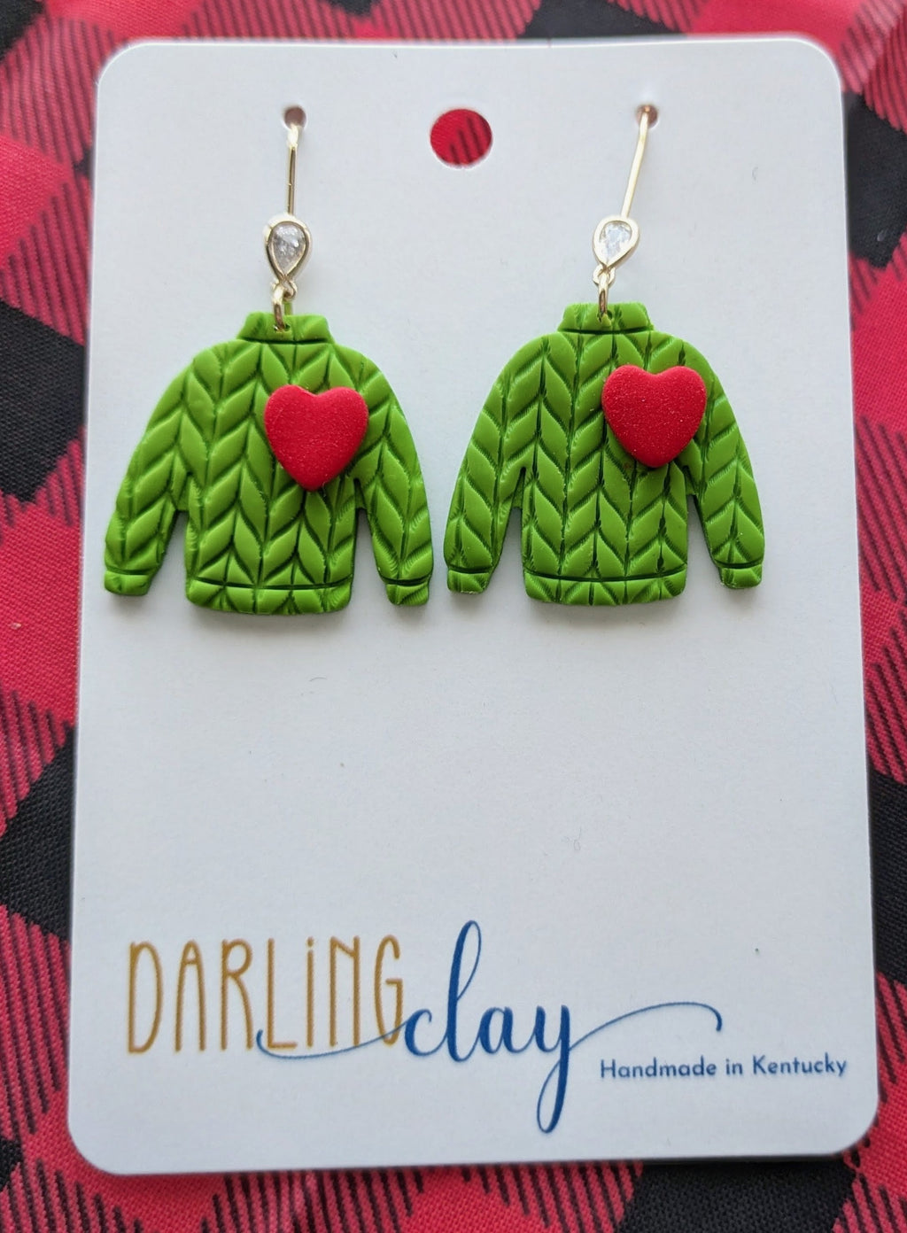 Grinch Themed Green Heart Sweater Earrings