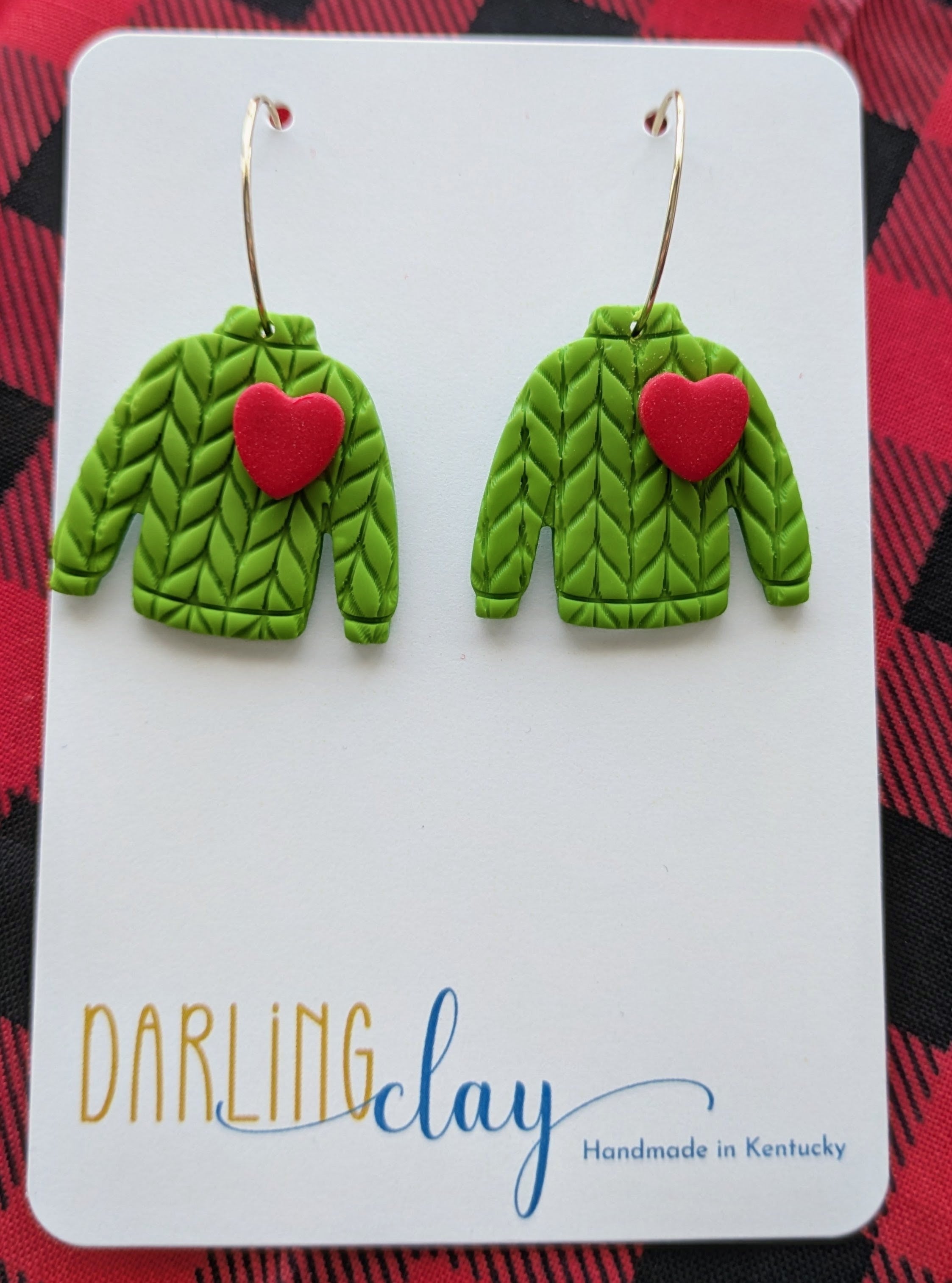 Grinch Themed Green Heart Sweater Earrings